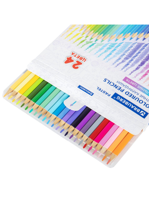 Карандаши цветные BRAUBERG PASTEL, 24 пастельных цвета, трехгранные, грифель 3 мм, натуральное дерево, 181851