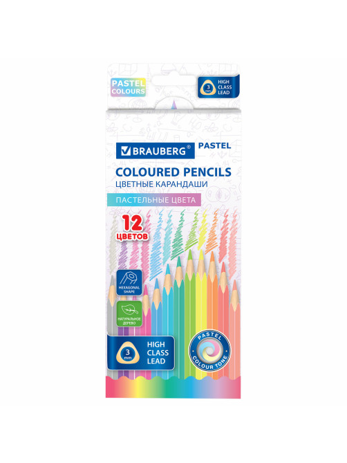 Карандаши цветные BRAUBERG PASTEL, 12 пастельных цветов, трехгранные, грифель 3 мм, натуральное дерево, 181850