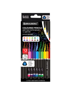 Карандаши цветные чёрное дерево BRAUBERG BLACK WOOD, 12 цветов, трехгранные, мягкий грифель 3 мм, 181948