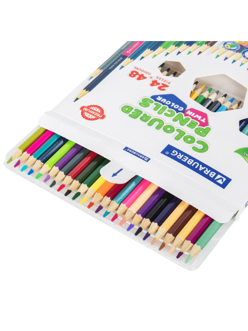 Карандаши цветные двусторонние BRAUBERG PREMIUM TWIN COLOUR, 24 штуки, 48 цветов, шестигранные, грифель 3,3 мм, натуральное дерево, 181875