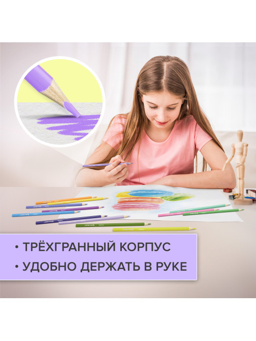 Карандаши цветные BRAUBERG PASTEL, 24 пастельных цвета, трехгранные, грифель 3 мм, натуральное дерево, 181851