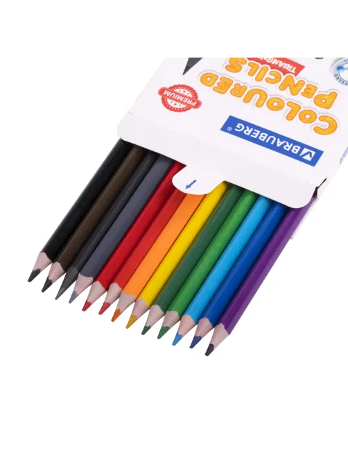 Карандаши цветные BRAUBERG PREMIUM 12 цветов + 1 чернографитный карандаш, трехгранные, грифель 3 мм, 181936