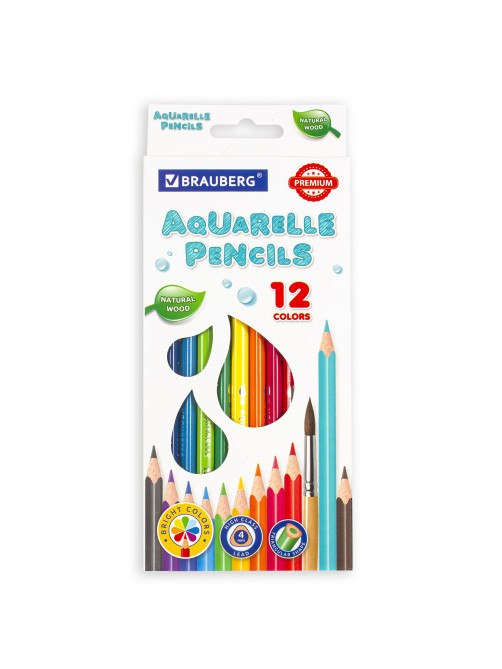 Карандаши цветные акварельные BRAUBERG PREMIUM AQUARELLE, 12 цветов, трехгранные, утолщенный грифель 4 мм, натуральное дерево, 181671