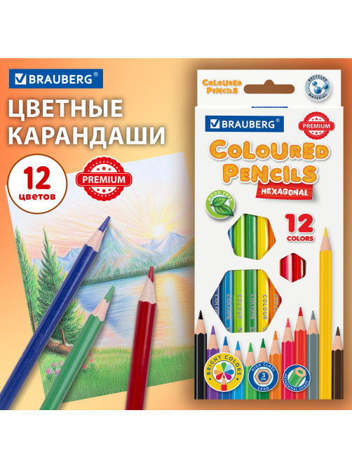 Карандаши цветные BRAUBERG PREMIUM, 12 цветов, шестигранные, грифель 3 мм, 181666
