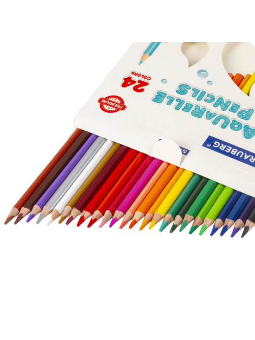 Карандаши цветные акварельные BRAUBERG PREMIUM AQUARELLE, 24 цвета, трехгранные, утолщенный грифель 4 мм, натуральное дерево, 181673