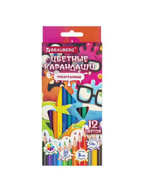 Карандаши цветные кросс-серия МОНСТРИКИ, 12 цветов, трехгранные, BRAUBERG, 182112