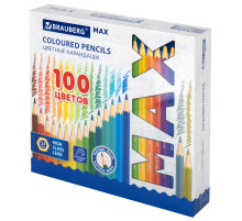 Карандаши цветные супермягкие яркие BRAUBERG MAX, 100 цветов, шестигранные, грифель 3,3 мм, натуральное дерево, 181862
