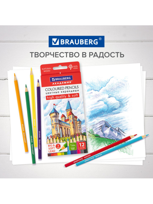 Карандаши цветные мягкие BRAUBERG АКАДЕМИЯ, 12 цветов, шестигранные, грифель 3 мм, натуральное дерево, 181864