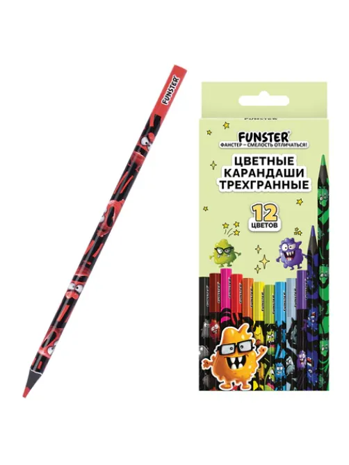 Карандаши цветные FUNSTER (ФАНСТЕР) МОНСТРИКИ, 12 цветов, черный корпус с принтом, трехгранные, 182065