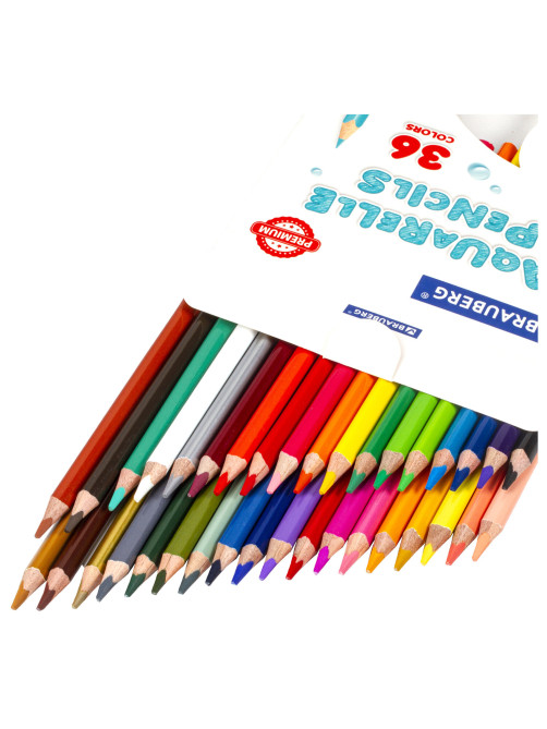 Карандаши цветные акварельные BRAUBERG PREMIUM AQUARELLE, 36 цветов, трехгранные, утолщенный грифель 4 мм, натуральное дерево, 181674