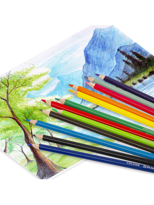 Карандаши цветные BRAUBERG PREMIUM, 12 цветов, шестигранные, грифель 3,3 мм, натуральное дерево, 181656