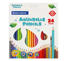 Карандаши цветные акварельные BRAUBERG PREMIUM AQUARELLE, 24 цвета, трехгранные, утолщенный грифель 4 мм, натуральное дерево, 181673