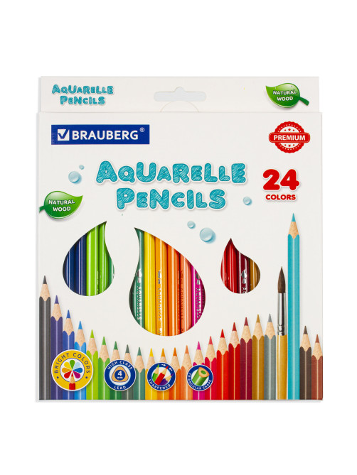 Карандаши цветные акварельные BRAUBERG PREMIUM AQUARELLE, 24 цвета, трехгранные, утолщенный грифель 4 мм, натуральное дерево, 181673