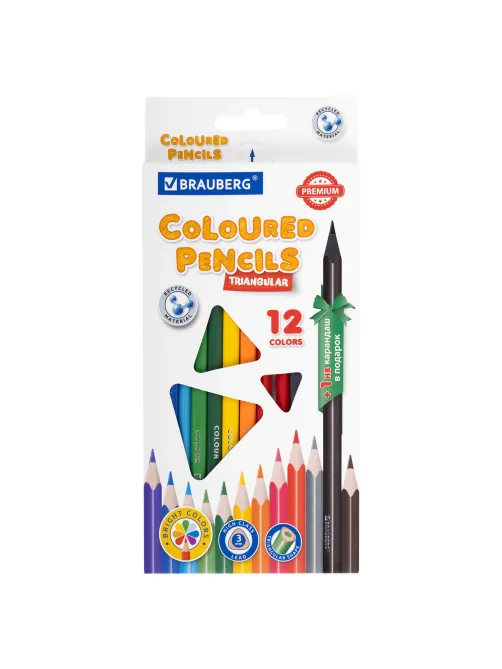 Карандаши цветные BRAUBERG PREMIUM 12 цветов + 1 чернографитный карандаш, трехгранные, грифель 3 мм, 181936