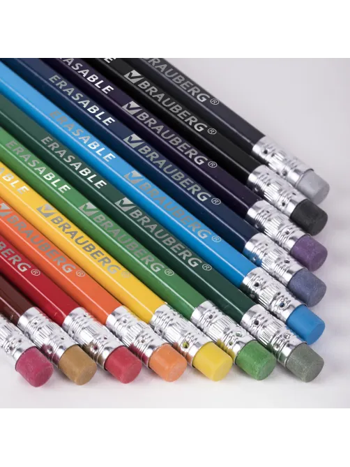 Карандаши цветные стираемые с ластиком BRAUBERG ERASABLE, 12 цветов, шестигранные, грифель 3 мм, натуральное дерево, 181932