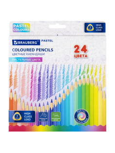 Карандаши цветные BRAUBERG PASTEL, 24 пастельных цвета, трехгранные, грифель 3 мм, натуральное дерево, 181851