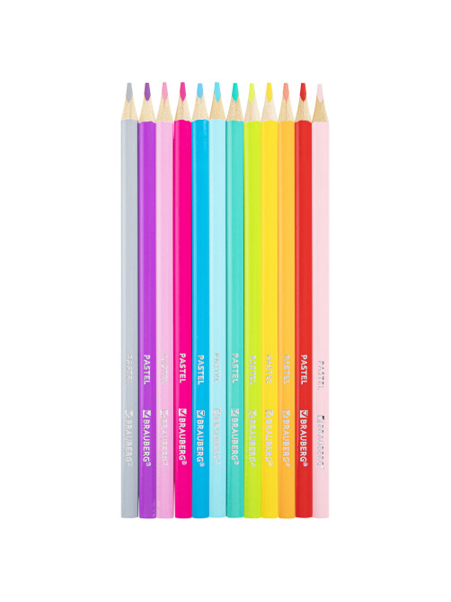 Карандаши цветные BRAUBERG PASTEL, 12 пастельных цветов, трехгранные, грифель 3 мм, натуральное дерево, 181850