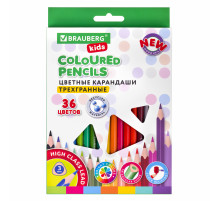 Карандаши цветные BRAUBERG KIDS NEW, 36 цветов, трехгранные, грифель 3 мм, 182003