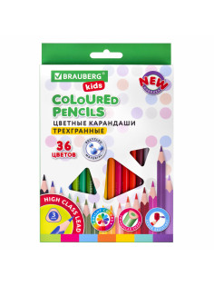 Карандаши цветные BRAUBERG KIDS NEW, 36 цветов, трехгранные, грифель 3 мм, 182003
