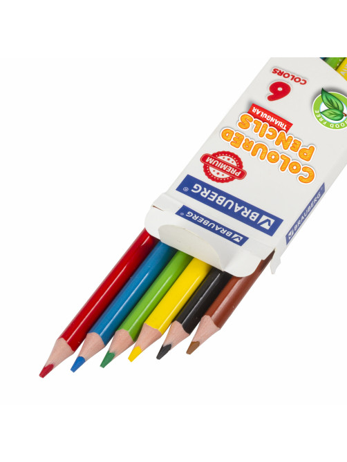 Карандаши цветные BRAUBERG PREMIUM, 6 цветов, трехгранные, грифель 3 мм, 181660
