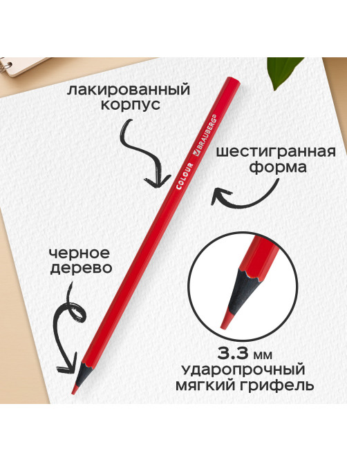 Карандаши цветные BRAUBERG, 24 цвета, шестигранные, грифель 3,3 мм, черное дерево, 181858