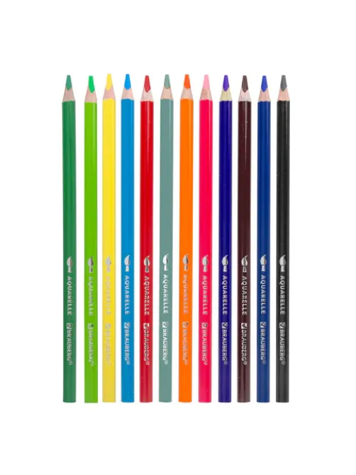 Карандаши цветные акварельные BRAUBERG PREMIUM AQUARELLE, 12 цветов, трехгранные, утолщенный грифель 4 мм, натуральное дерево, 181671