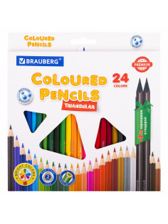 Карандаши цветные BRAUBERG PREMIUM 24 цвета + 2 чернографитных карандаша, трехгранные, грифель 3 мм, 181937
