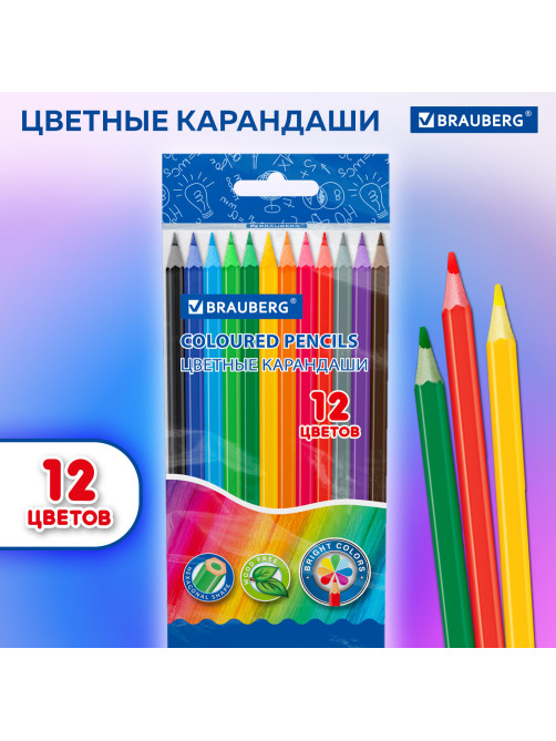 Карандаши цветные BRAUBERG, 12 цветов, цветной корпус, упаковка ПВХ-бокс, шестигранные, 182067