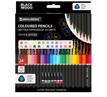 Карандаши цветные чёрное дерево BRAUBERG BLACK WOOD, 24 цвета, трехгранные, мягкий грифель 3 мм, 181949