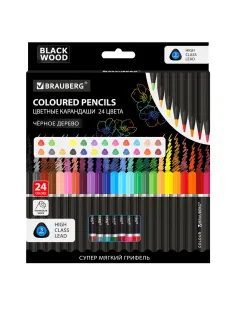 Карандаши цветные чёрное дерево BRAUBERG BLACK WOOD, 24 цвета, трехгранные, мягкий грифель 3 мм, 181949