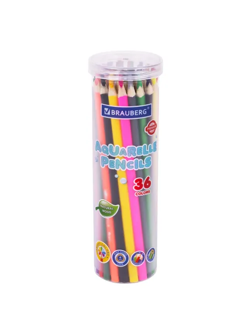 Карандаши цветные акварельные BRAUBERG PREMIUM AQUARELLE 36 цветов в тубе, трехгранные, утолщенный грифель 4 мм, натуральное дерево,181933