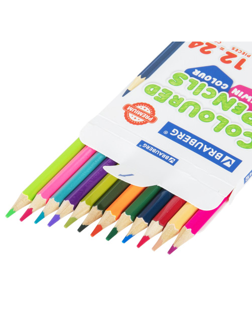 Карандаши цветные двусторонние BRAUBERG PREMIUM TWIN COLOUR, 12 штук, 24 цвета, шестигранные, грифель 3,3 мм, натуральное дерево, 181874