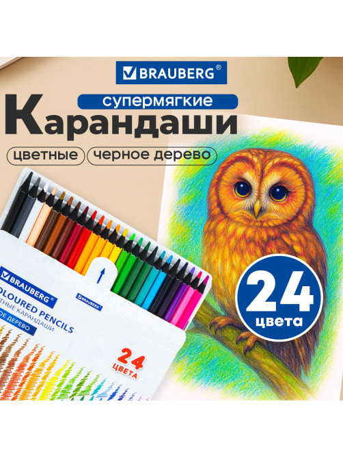 Карандаши цветные BRAUBERG, 24 цвета, шестигранные, грифель 3,3 мм, черное дерево, 181858