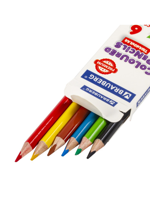 Карандаши цветные BRAUBERG PREMIUM, 6 цветов, трехгранные, грифель 3,3 мм, натуральное дерево, 181650