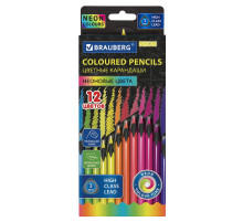 Карандаши цветные BRAUBERG NEON, 12 неоновых цветов, трехгранные, грифель 3 мм, черное дерево, 181852