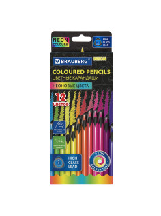 Карандаши цветные BRAUBERG NEON, 12 неоновых цветов, трехгранные, грифель 3 мм, черное дерево, 181852