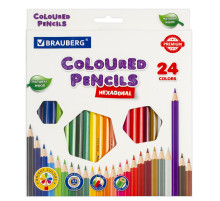 Карандаши цветные BRAUBERG PREMIUM, 24 цвета, шестигранные, грифель 3,3 мм, натуральное дерево, 181658