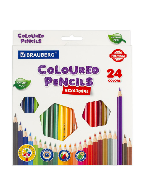 Карандаши цветные BRAUBERG PREMIUM, 24 цвета, шестигранные, грифель 3,3 мм, натуральное дерево, 181658