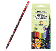 Карандаши цветные FUNSTER (ФАНСТЕР) МОНСТРИКИ, 12 цветов, черный корпус с принтом, трехгранные, 182065