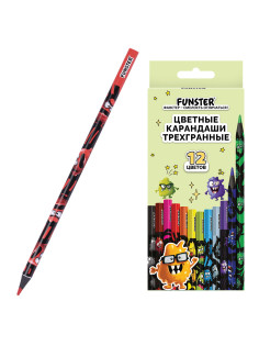 Карандаши цветные FUNSTER (ФАНСТЕР) МОНСТРИКИ, 12 цветов, черный корпус с принтом, трехгранные, 182065