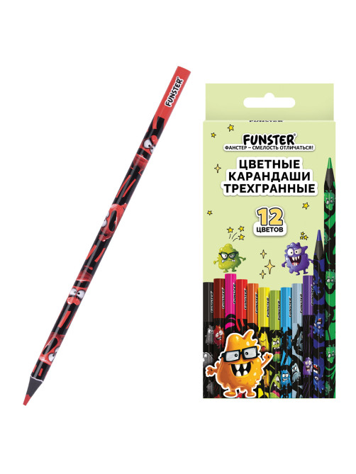 Карандаши цветные FUNSTER (ФАНСТЕР) МОНСТРИКИ, 12 цветов, черный корпус с принтом, трехгранные, 182065