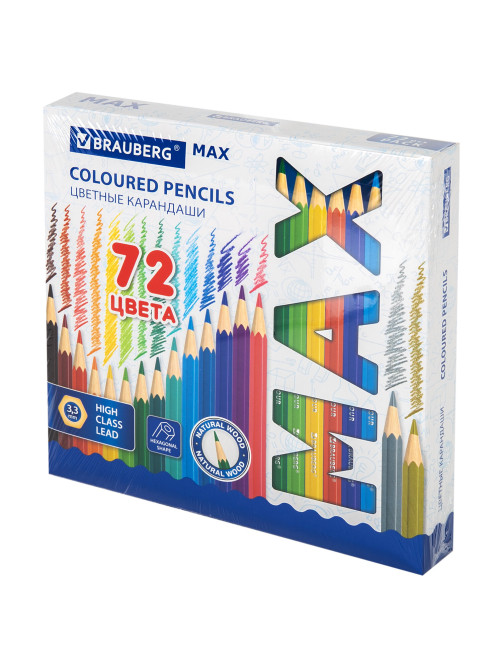 Карандаши цветные супермягкие яркие BRAUBERG MAX, 72 цвета, шестигранные, грифель 3,3 мм, натуральное дерево, 181861