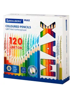 Карандаши цветные супермягкие яркие классические BRAUBERG MAX 120 цветов, шестигранные, натуральное дерево, грифель 3,3 мм, 182006