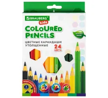 Карандаши цветные утолщенные BRAUBERG KIDS, 24 цвета, шестигранные, грифель 5 мм, натуральное дерево, 181879
