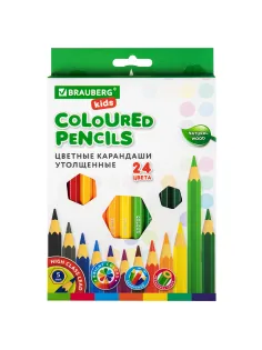 Карандаши цветные утолщенные BRAUBERG KIDS, 24 цвета, шестигранные, грифель 5 мм, натуральное дерево, 181879