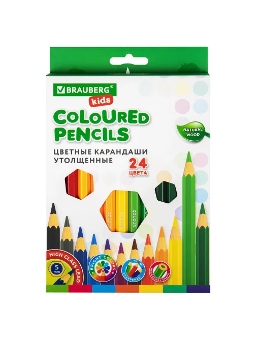 Карандаши цветные утолщенные BRAUBERG KIDS, 24 цвета, шестигранные, грифель 5 мм, натуральное дерево, 181879