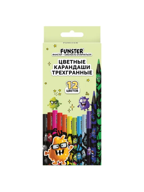 Карандаши цветные FUNSTER (ФАНСТЕР) МОНСТРИКИ, 12 цветов, черный корпус с принтом, трехгранные, 182065