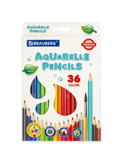 Карандаши цветные акварельные BRAUBERG PREMIUM AQUARELLE, 36 цветов, трехгранные, утолщенный грифель 4 мм, натуральное дерево, 181674