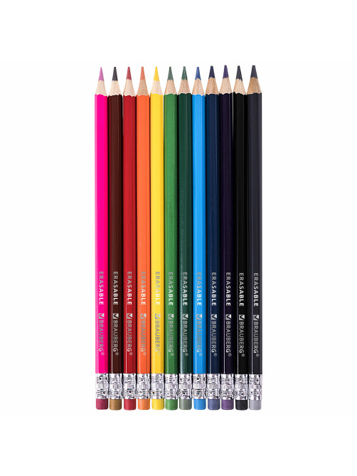 Карандаши цветные стираемые с ластиком BRAUBERG ERASABLE, 12 цветов, шестигранные, грифель 3 мм, натуральное дерево, 181932