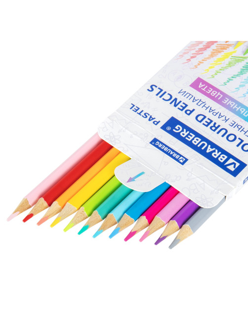 Карандаши цветные BRAUBERG PASTEL, 12 пастельных цветов, трехгранные, грифель 3 мм, натуральное дерево, 181850